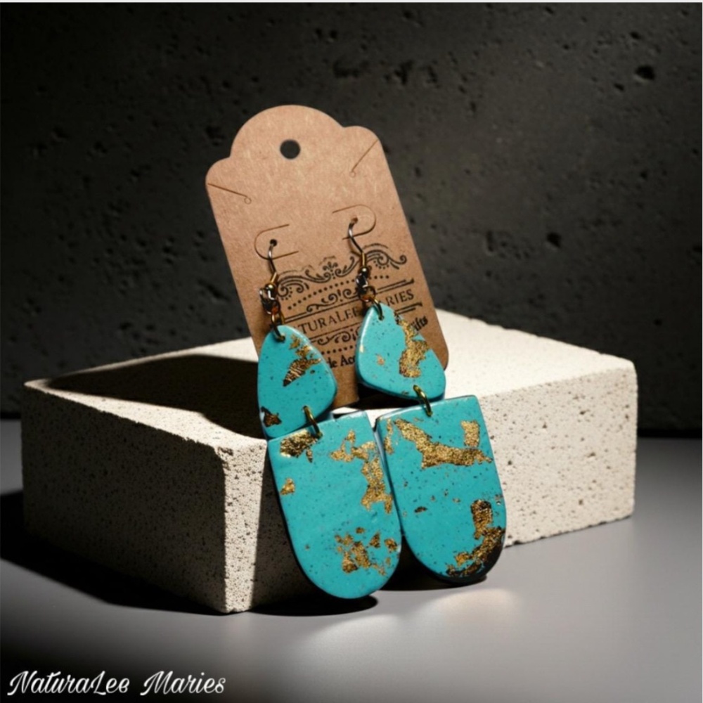 Pale Turquoise and Gold Stone Irregular Double Drop Earrings